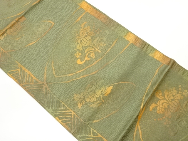 JAPANESE KIMONO / CHIKUZEN HAKATA CURVED LINE / ABSTRACT FLOWER / LEAF